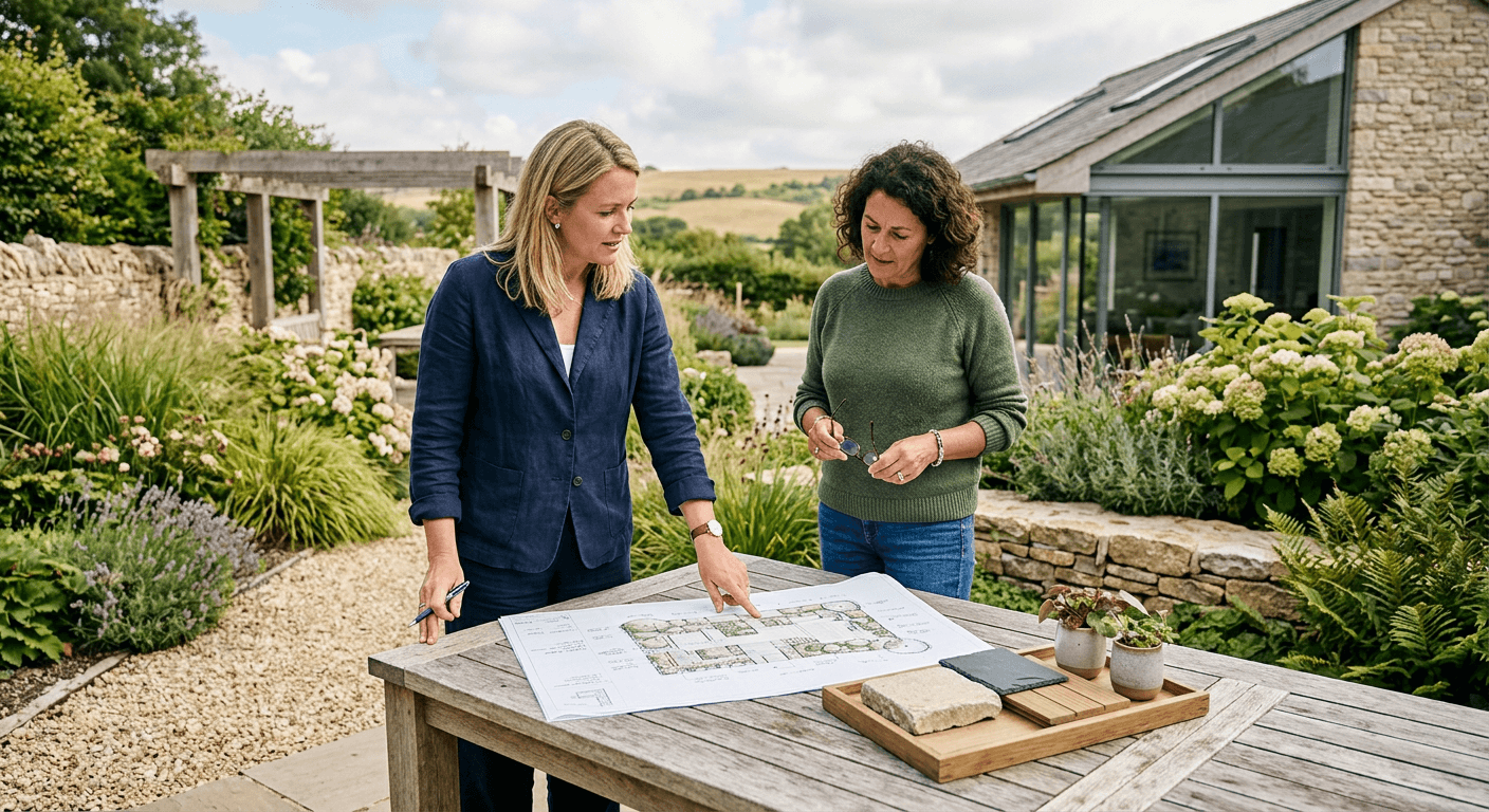 Surveying the garden and discussing the design brief