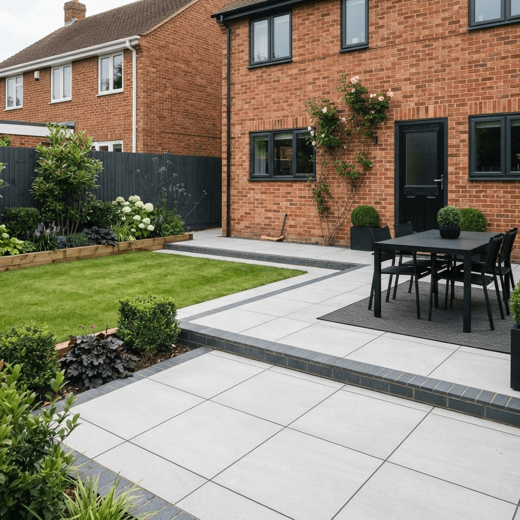 A finished sandstone patio with outdoor seating and planting