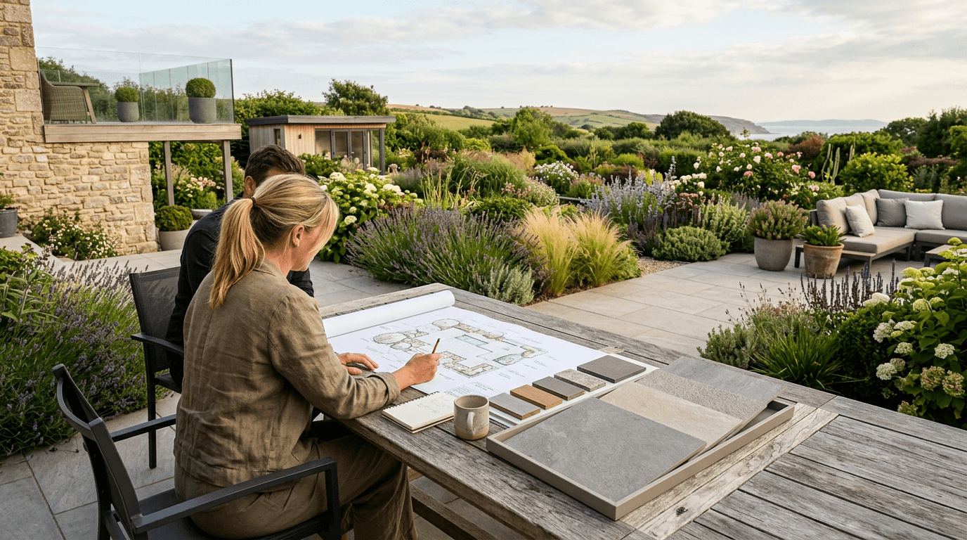 Patio design and porcelain material planning beside a Dorset garden