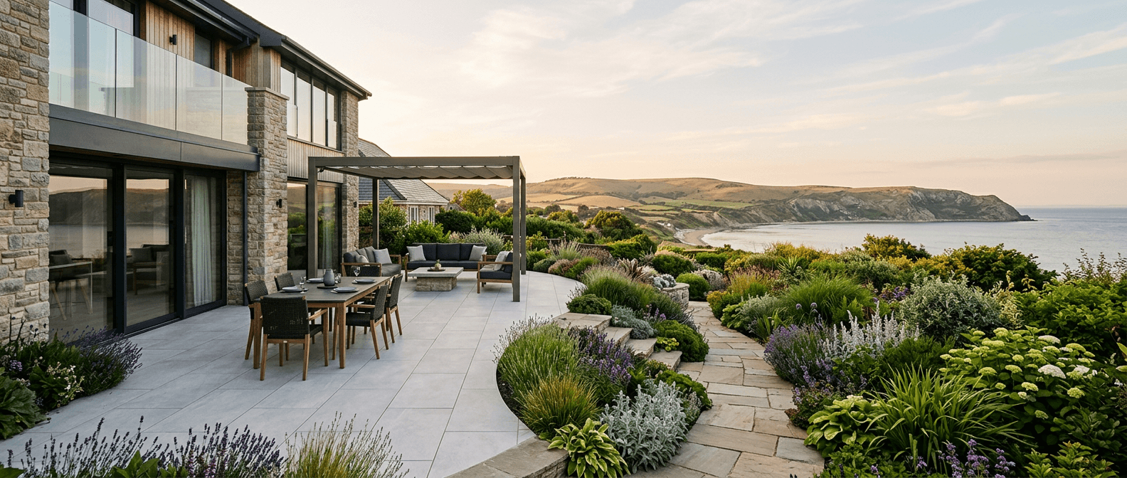Luxury porcelain patio and planted garden in Dorset