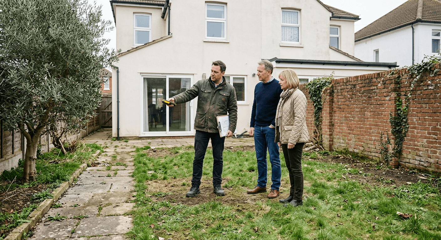 Landscape designer measuring a Dorset garden during a site visit
